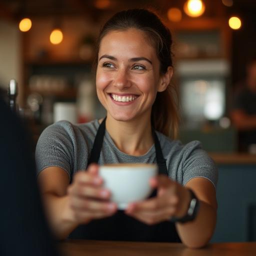 En smilende barista som serverer en kaffedrikk.