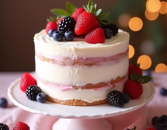 En elegant, håndlaget festkake dekorert med friske bær.